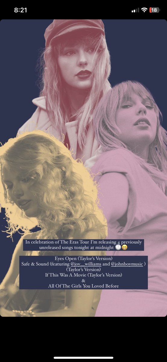 TSTheErasTour's tweet photo. 🚨 Taylor Via Instagram , taylor  is releasing 4 previously unreleased songs TONIGHT #TSTheErasTour https://t.co/p6DC2LFckI