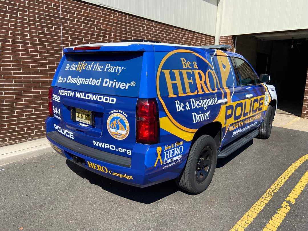NorthWildwoodPD's tweet photo. We are excited to unveil the latest HERO police cruiser in North Wildwood! These patrol vehicles have been wrapped with the HERO Campaign logo and the life-saving slogan, “Be a HERO. Be a Designated Driver.”  #BeAHERO, #BeADesignatedDriver, #NJDHTS https://t.co/eVnbuPxZQY