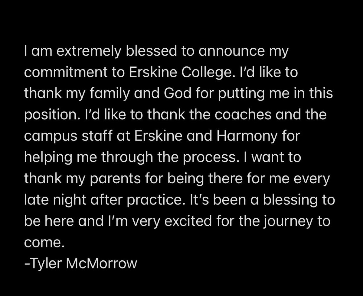 tyler_mcmorrow1's tweet photo. I am extremely blessed to announce my commitment to Erskine College.  @FleetFB @longhorns_fb @harmonyhorns @HHS_coach @sglosson3 @Sipp1 @Linemen_ricky @ReidFitz_89 @drewengels https://t.co/rXE44tgg4I