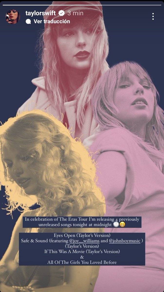 🚨 Esta noche Taylor va a lanzar 4 canciones para celebrar el comienzo de  #TSTheErasTour 

💖 Eyes Open TV
💖Safe &amp; Sound TV
💖 If This Was A Movie TV 
💖 All Of The Girls You Loved Before TV