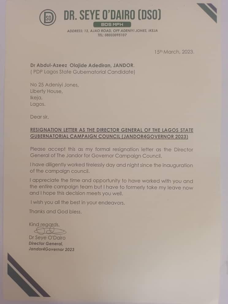 BREAKING: Jandor Campaign DG Resigns Days to Lagos Governorship Election