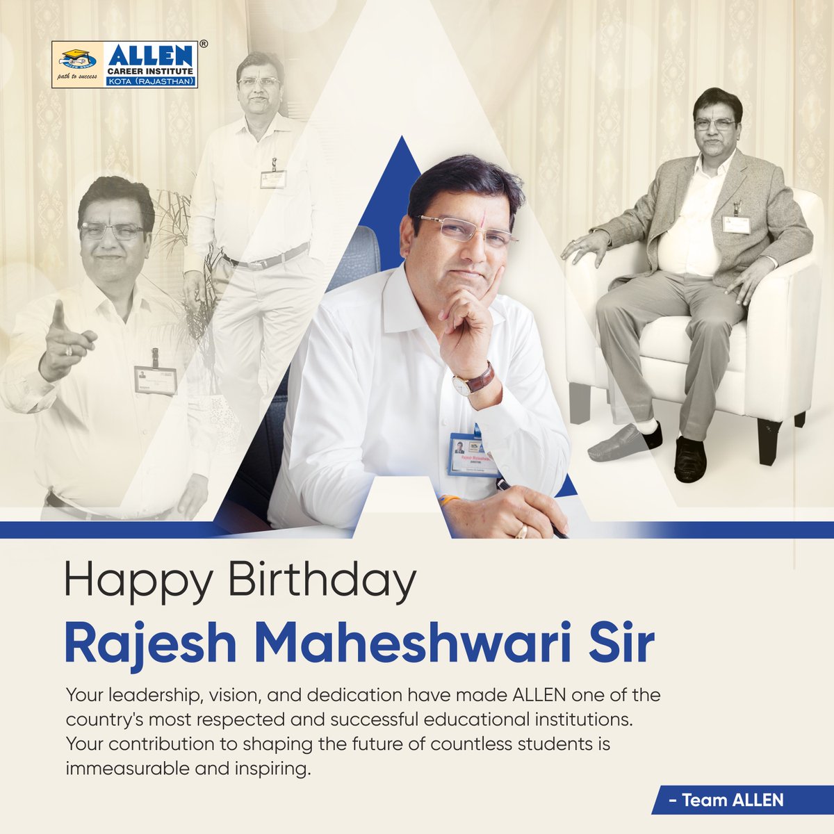 GMsirOfficial's tweet photo. Happy Birthday, Sh. @allen_rajesh Sir!
May your birthday be a celebration of all the fantastic things you have achieved and all the accomplishments yet to come.
We wish you great health and success in your goal of taking ALLEN to unprecedented heights.
#HappyBirthday #RMsir https://t.co/b8E3LSKNg2
