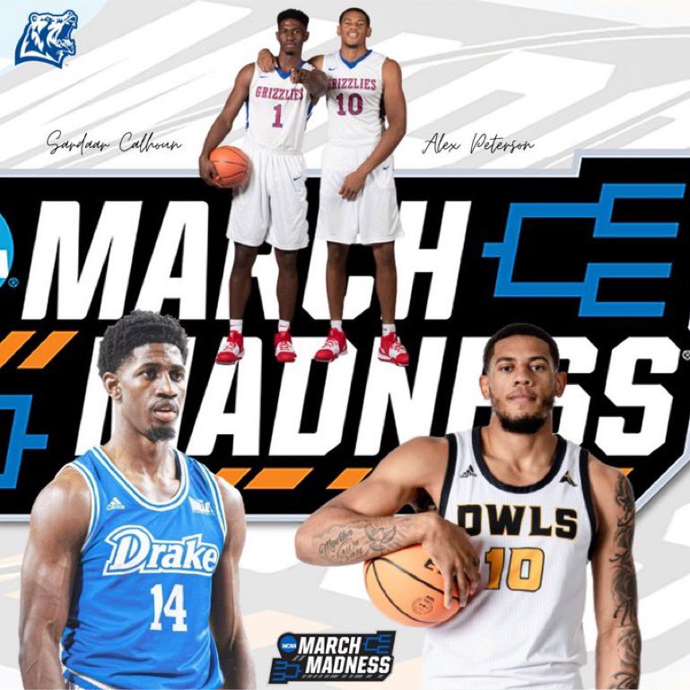 Good luck to former Grizzlies Sardaar Calhoun (Drake) &amp; Alex Peterson (Kennesaw St) tomorrow in the opening round of the NCAA Tournament! 🕺 

Kennesaw St. vs Xavier 11:40am (truTV)

Drake vs Miami 6:25pm (TBS)

#GoGrizzlies | <a href="/MSUWPGrizzlies/">Missouri State-West Plains Grizzly Athletics</a>