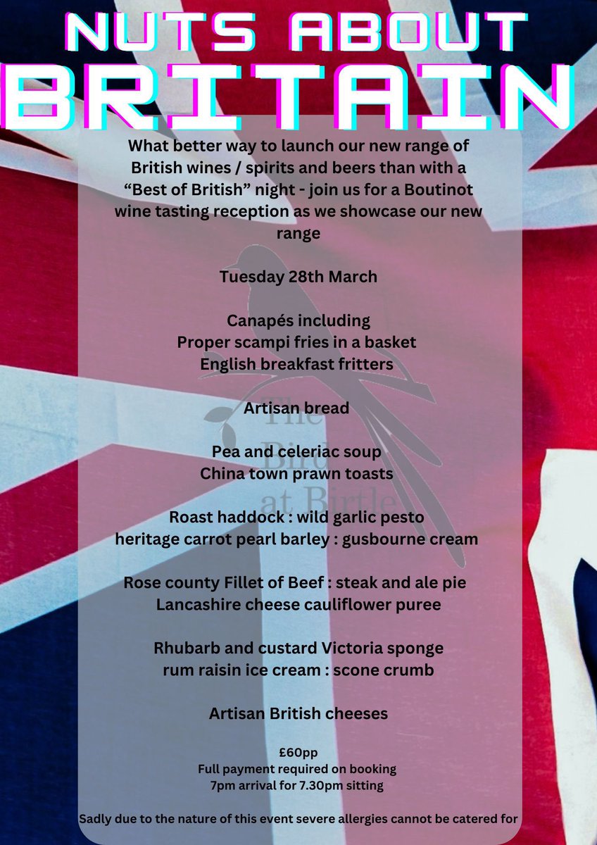 Next Nutter night <a href="/TheBirdatBirtle/">THE BIRD AT BIRTLE</a> 
Tuesday 28th March
A celebration of British food and wine showcasing the new additions of 🇬🇧<a href="/BoutinotWines/">Boutinot Wines</a> 
Reservations 01706 540500