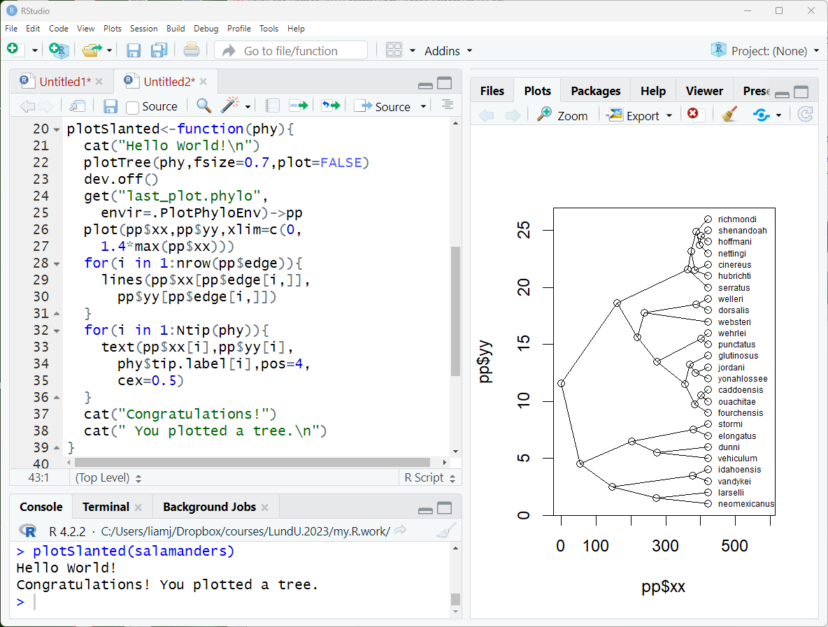 phytools_liam's tweet image. This is how we ended our #phylogenetics workshop today at @Biology_LU of @lunduniversity in Sweden -- writing a custom function to plot a phylogeny in #Rstats!