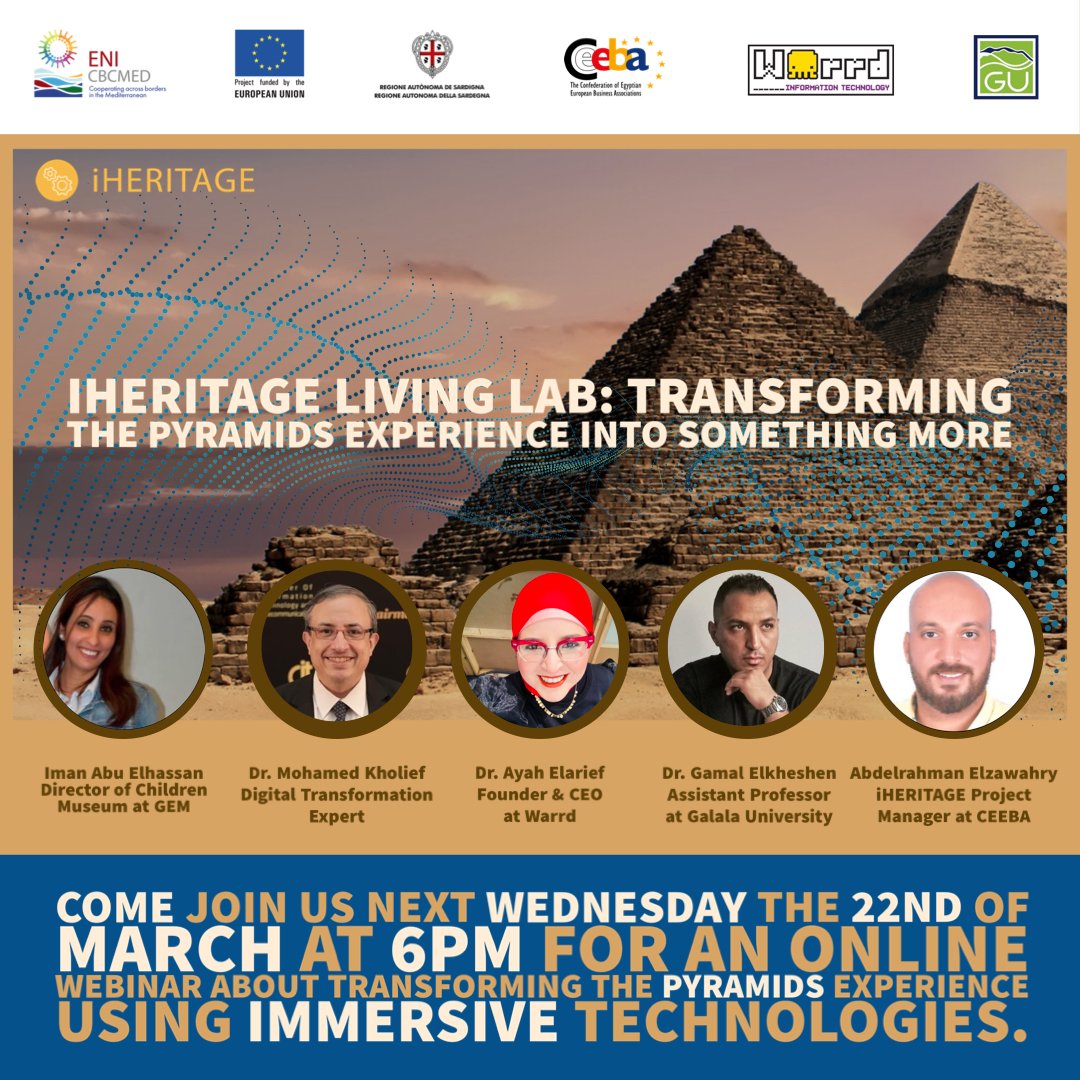 🎉 Exciting news! iHERITAGE living lab sessions are back in Egypt! Join our experts on March 22nd at 6pm Cairo time to learn how immersive technologies can enhance the pyramids experience. Register now:
us02web.zoom.us/meeting/regist…
@ENICBCMed  #GOMED <a href="/Iheritagesicily/">iHeritage - ICT Platform MED Heritage - Sicily</a>