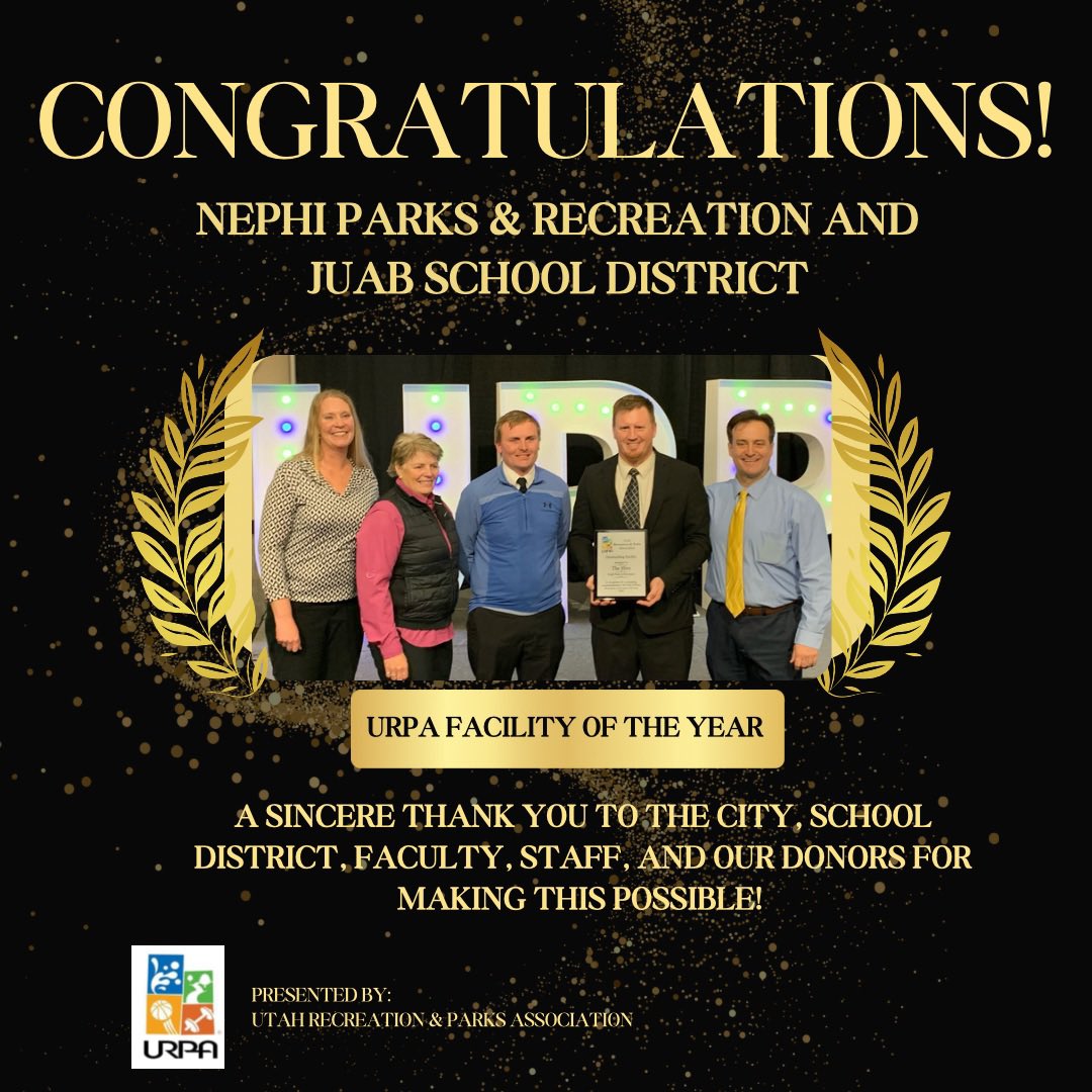 Did you see the news!?! Our Rec and <a href="/JuabSD/">Juab School District</a> won facility of the year award at the @UrpaUtah Conference for The HIVE! Plus, our community member Devin Michaelsen won Citizen Advocate and Volunteer of the year award! 🎉