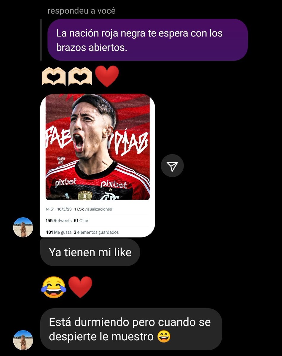 Continuem com o #DiazNoFlamengo. 

A namorada do Fabrício Diaz já curtiu e apoia ele no Flamengo também! Vai chegar até ele logo logo.

Como diz o Marcos Motta, quem controla o jogador controla a operação!😉