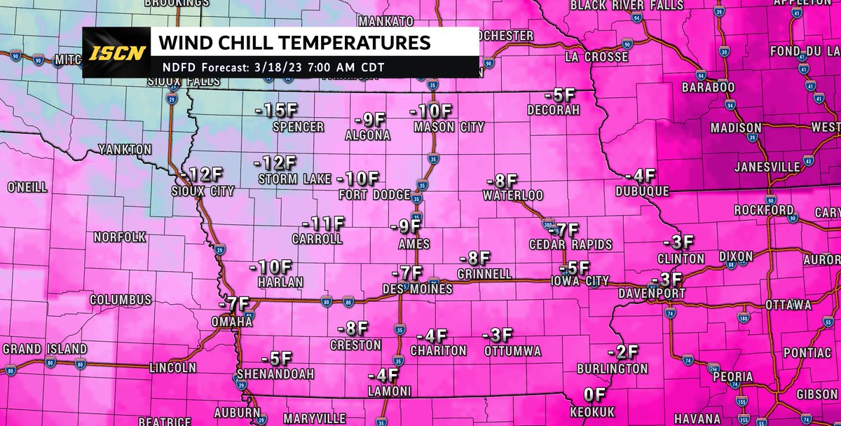 StormChaserZach's tweet photo. After the warm day we had yesterday, the wind chill temperatures are going to feel brutal waking up Saturday morning. #IAwx https://t.co/q1ZDCuZHsK