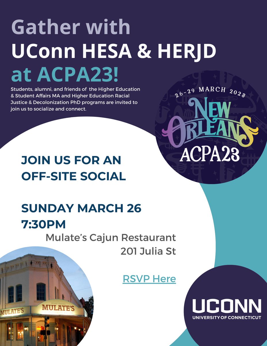 UConnHESA's tweet image. Students, alumni, and friends of the HESA &amp;amp; HERJC programs are invited to join us on Monday, March 26 at 7:30pm for an off-site social at #ACPA23 at Mulate’s Cajun Restaurant. Please RSVP here: docs.google.com/forms/d/e/1FAI…