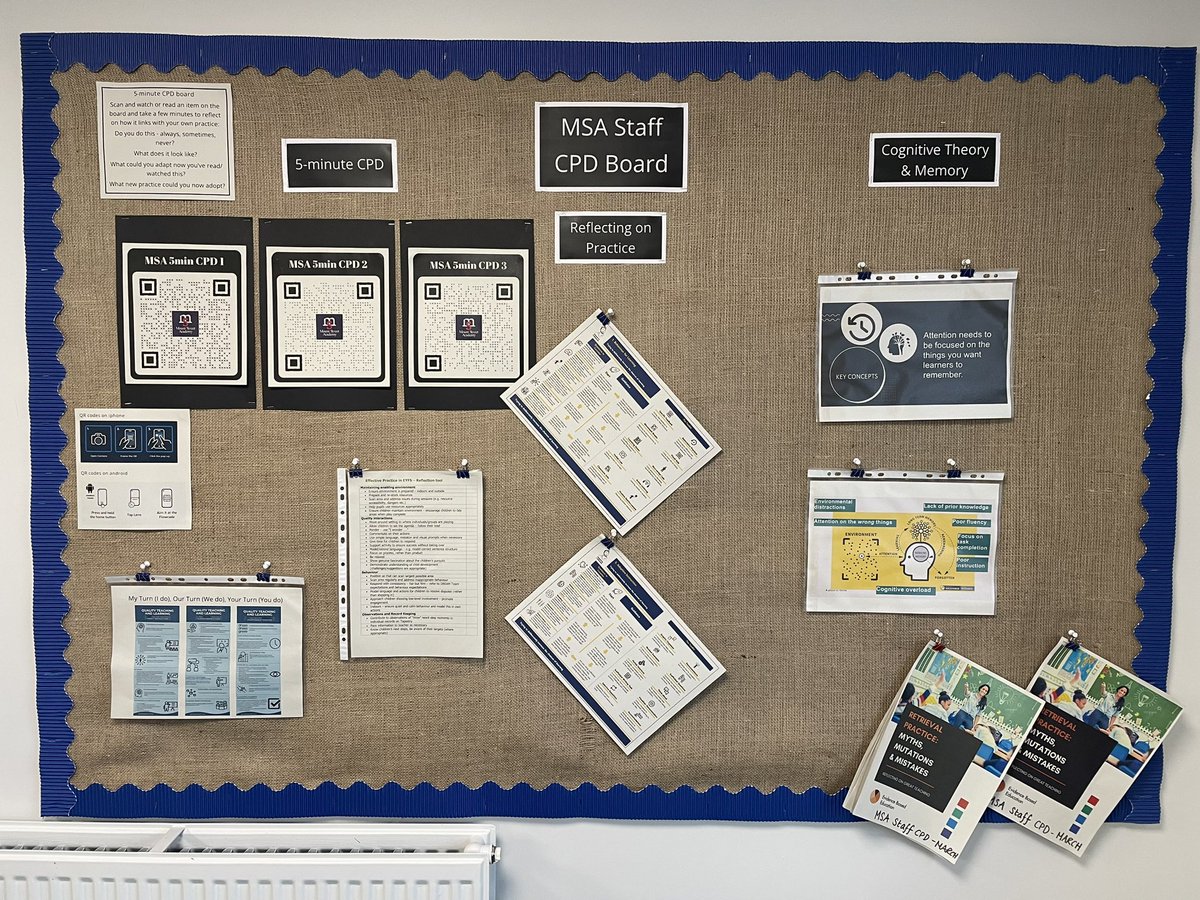 Mount_Street's tweet photo. Our new staffroom 5-minute CPD board. Quick watches/reads with reflection prompts to inform and shape practice. Accessible to all & refreshed each month #manageableCPD #workloadfriendly #accessibleCPD #keepingpracticeuptodate https://t.co/8sFGWEgdXN