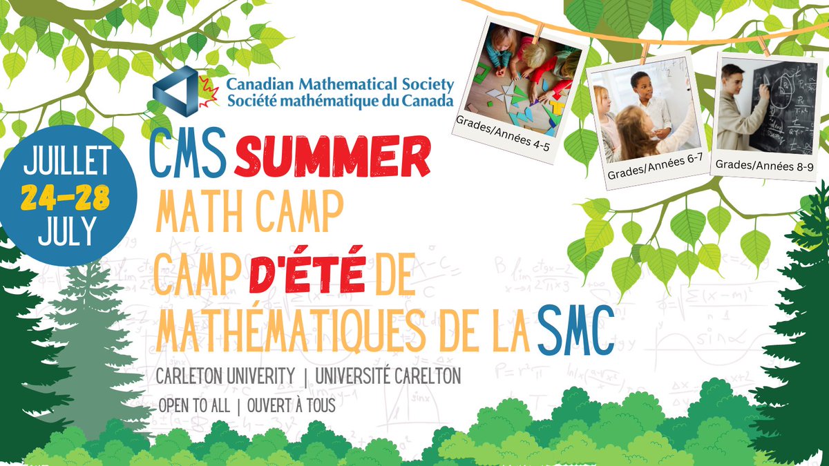 canmathsociety's tweet photo. Looking for an amazing day camp for your kids this summer? CMS will be offering a new summer camp in Ottawa this July. Explore geometric constructions, patterns and secret codes! https://t.co/jgkSeuQ7KS
#Summercamp #ottawasummercamp #summermathcamp #mathcamp https://t.co/z2vxFssGTW
