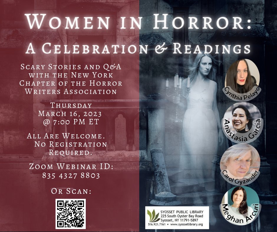 This is tonight (3/16) at 7pm EST.
@SPLTurnThePage hosts @CarolGyzander
@cinapelayo @AGarcia_Writes,and me for #WomenInHorrorMonth
Hope you can join us.
#WIHM #horror #libraries