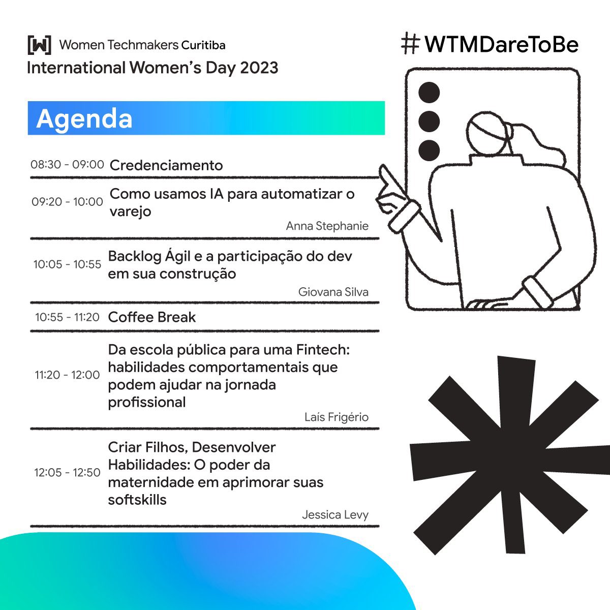 Saiu o cronograma do evento! 🤓

⚠️Não esquece de confirmar presença, o prazo é ATÉ AMANHÃ e não conseguiremos liberar a entrada de quem não estiver na lista do prédio, ok?⚠️

O IWD Curitiba acontecerá no dia 18/03 na Wiley
📍Av. Mariano Torres, 729 - 9° andar

Nos vemos lá! 💙💚