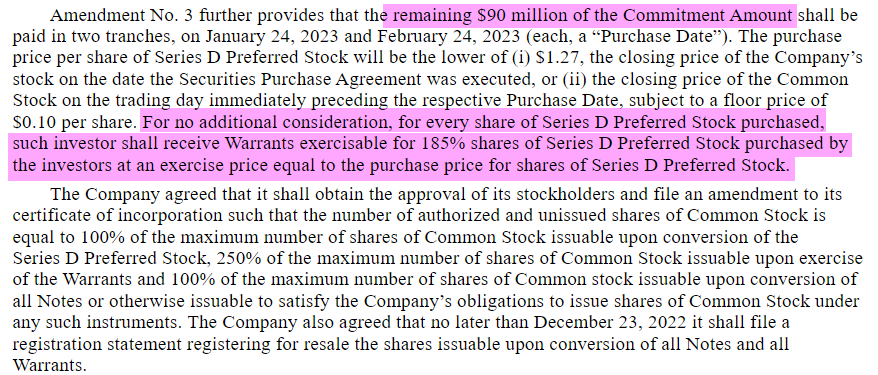 KendallP97's tweet photo. @Volatiler89 @DogeSkyn @morris_pmo Instead, the $110M is comprised of the $90M "remaining Commitment Amount" from previous SPA plus the $20M Acuitas Additional Purchase Right. These are Series D preferred w/ additional warrants for 185% of shares. Essentially, the buyer gets at least 2.85 shares per Series D. https://t.co/lraypbwhsm