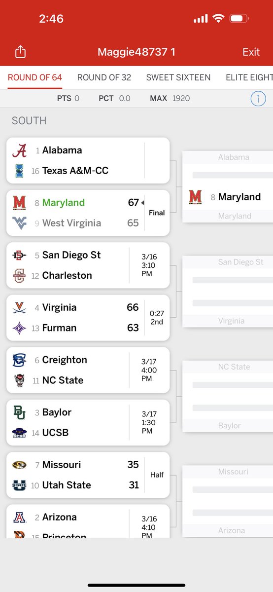 Bracket remains perfect!! 1 for 1 let’s go!😂 #MarchMadness