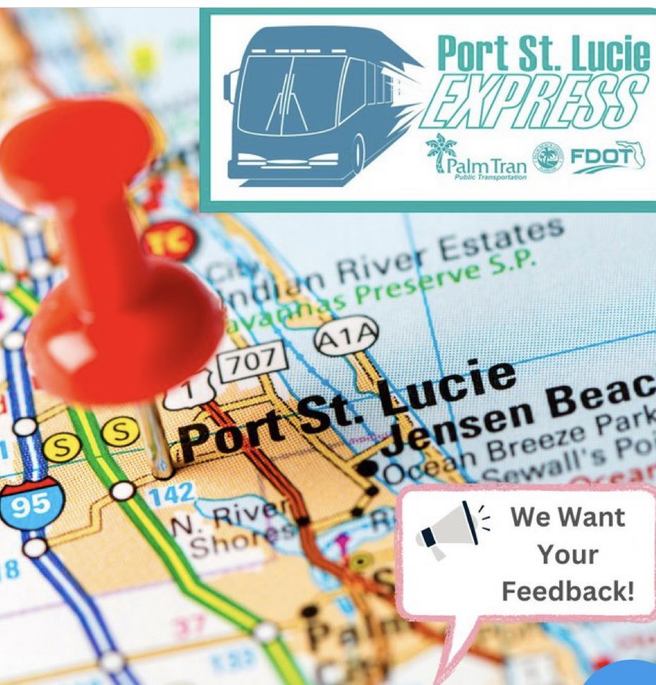 ⁉️Feedback needed please!🚏
📌Complete the survey regarding a potential express bus service from <a href="/PalmTran/">@PalmTran</a> between Port St. Lucie and downtown West Palm Beach… survey123.arcgis.com/share/5969289a…