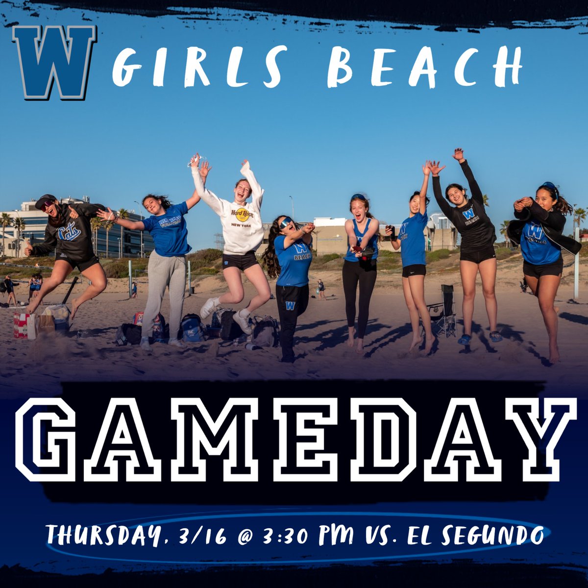 WWAthletics's tweet photo. Girls Beach #GAMEDAY ! Today, 3/16, 3:30 PM vs. El Segundo @ Dockweiler Beach (Grand Ave Parking Lot). #BeachCats #GetSandy #LetsGo https://t.co/bJqHO459MT