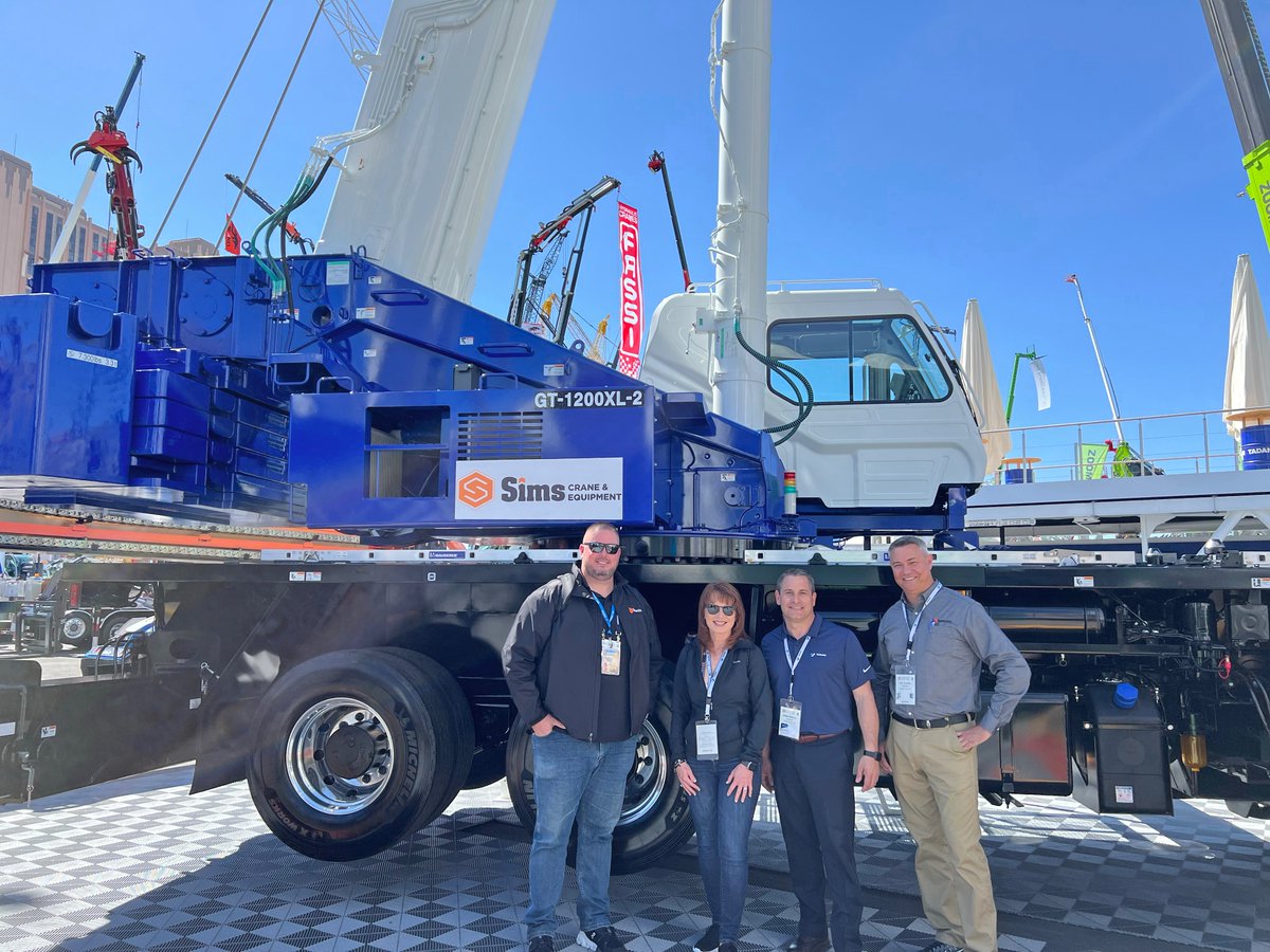 SimsCrane's tweet photo. Sims' executive team visited ConExpo 2023 in Las Vegas and purchased one each of Tadano's new truck cranes, the GT-1200XL-2 &amp; GT-800XL-2. They feature low axle weight, narrow width and long boom, yet continue Tadano's high quality and rugged durability. #SimsCrane #TadanoGroup https://t.co/cxznezIuCi