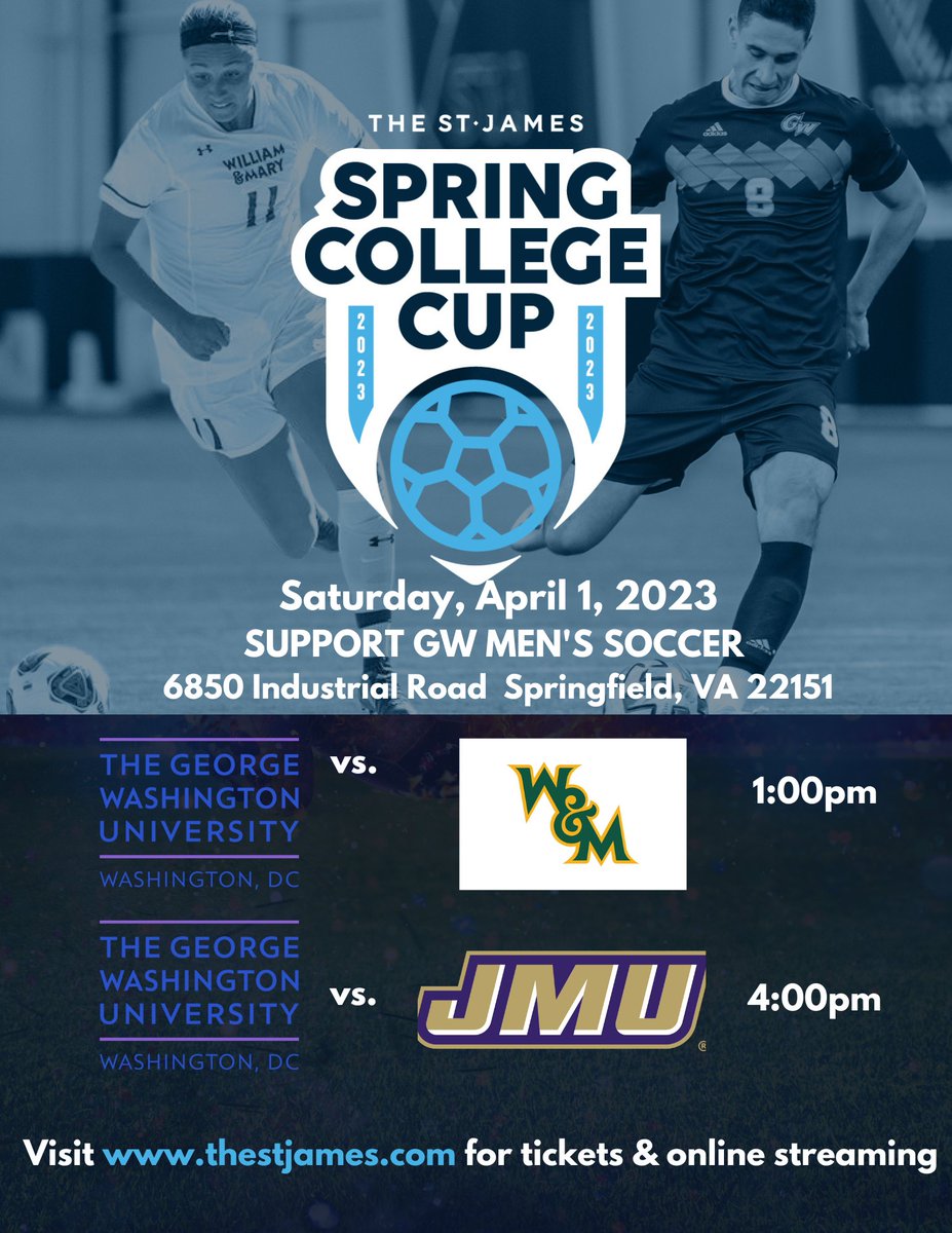 Excited to welcome <a href="/GWMensSoccer/">GW Men's Soccer</a> back to <a href="/TheStJames/">The St. James</a> for the 2023 #SpringCollegeCup. The Colonials won the inaugural Cup in '22 and we know they are amped to go #back2back on April 1. 
📍The St. James
⏱️: Saturday, April 1
🎥: eventbrite.com/e/the-st-james…