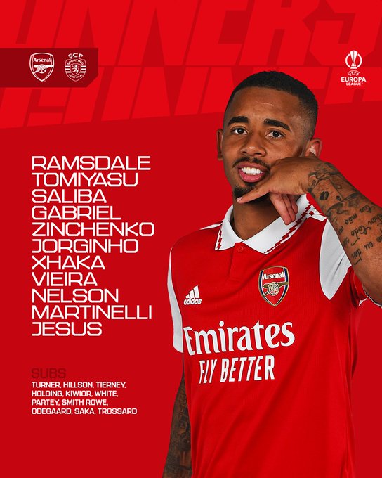 Arsenal Starting XI: Ramsdale, Tomiyasu, Saliba, Gabriel, Zinchenko, Xhaka, Jorginho, Vieira, Nelson, Martinelli, Jesus. Subs: Turner, Hillson, Tierney, White, Partey, Saka, Odegaard, Smith Rowe, Kiwior, Holding, Trossard.