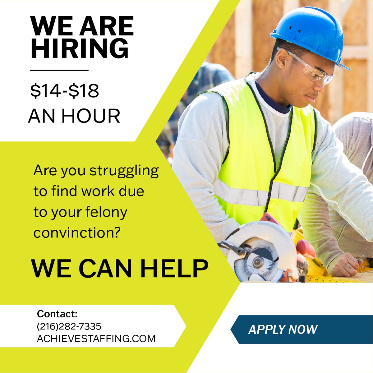 AchieveStaffing's tweet photo. Are you formerly incarcerated? Do you want a 2nd Chance? Are you ready to work? Achieve Staffing wants to help YOU! Text us at 216-282-7335 or visit https://t.co/JMGeMWS0FJ https://t.co/HqddzB7Azt