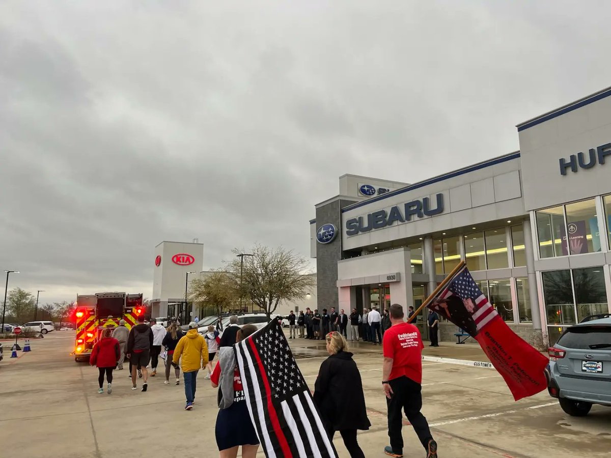 FWfirefighters's tweet photo. The Walk for the Red got underway earlier today, starting at Lake Cities Station 3. The group will walk 140 miles over the next 3 days. Fallen brothers Engineer David Greene and Captain Keven Teague were both remembered during the opening ceremony. https://t.co/EWPqw5gRnK