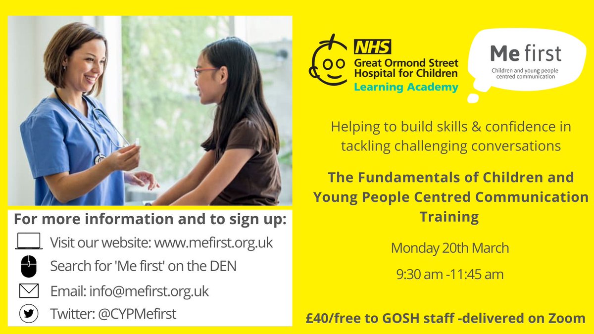 Award winning Me first Fundamentals advanced communication course 20/3/23! Places still available! Book now mefirst.org.uk Discussions about power, difference, capacity, consent, development & how this influences health care conversations for CYP @GOSHLearnAcad