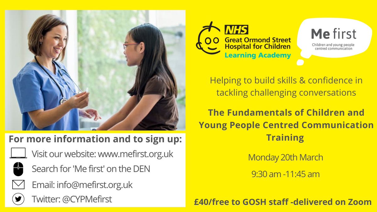 Me first (@cypmefirst) on Twitter photo Award winning Me first Fundamentals advanced communication course 20/3/23! Places still available! Book now mefirst.org.uk
Discussions about power, difference, capacity, consent, development & how this influences health care conversations for CYP
<a href="/GOSHLearnAcad/">GOSH Learning Academy</a> Award winning Me first Fundamentals advanced communication course 20/3/23! Places still available! Book now mefirst.org.uk
Discussions about power, difference, capacity, consent, development & how this influences health care conversations for CYP
<a href="/GOSHLearnAcad/">GOSH Learning Academy</a>