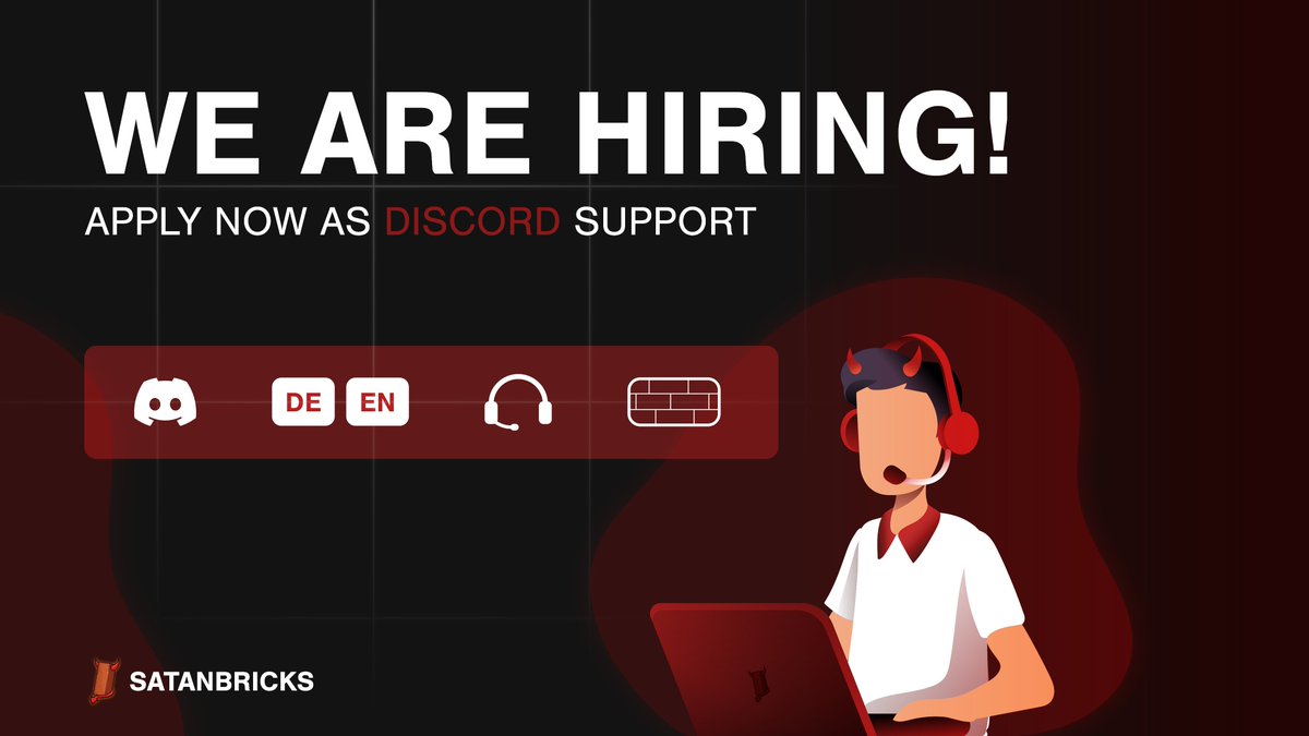 satanbricks's tweet image. 🚨Satanbricks is hiring!🚨

We are looking forward to expand our team with new people! 

Currently looking for new:
-staff
-pinger
-provider

If you think you will fit in it, please fill out the form:
forms.gle/E1NtNxM4hDN1BN…