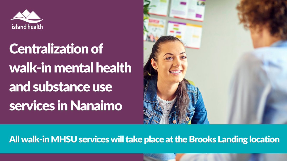 VanIslandHealth's tweet photo. As of March 15, all walk-in mental health and substance use services in #Nanaimo will take place at the Brooks Landing location. This will create consistent walk-in hours and help more people access the care they need.

Read more: https://t.co/lehJWgyzcB #MHSU #MyIslandHealth https://t.co/BISxsdQNyA