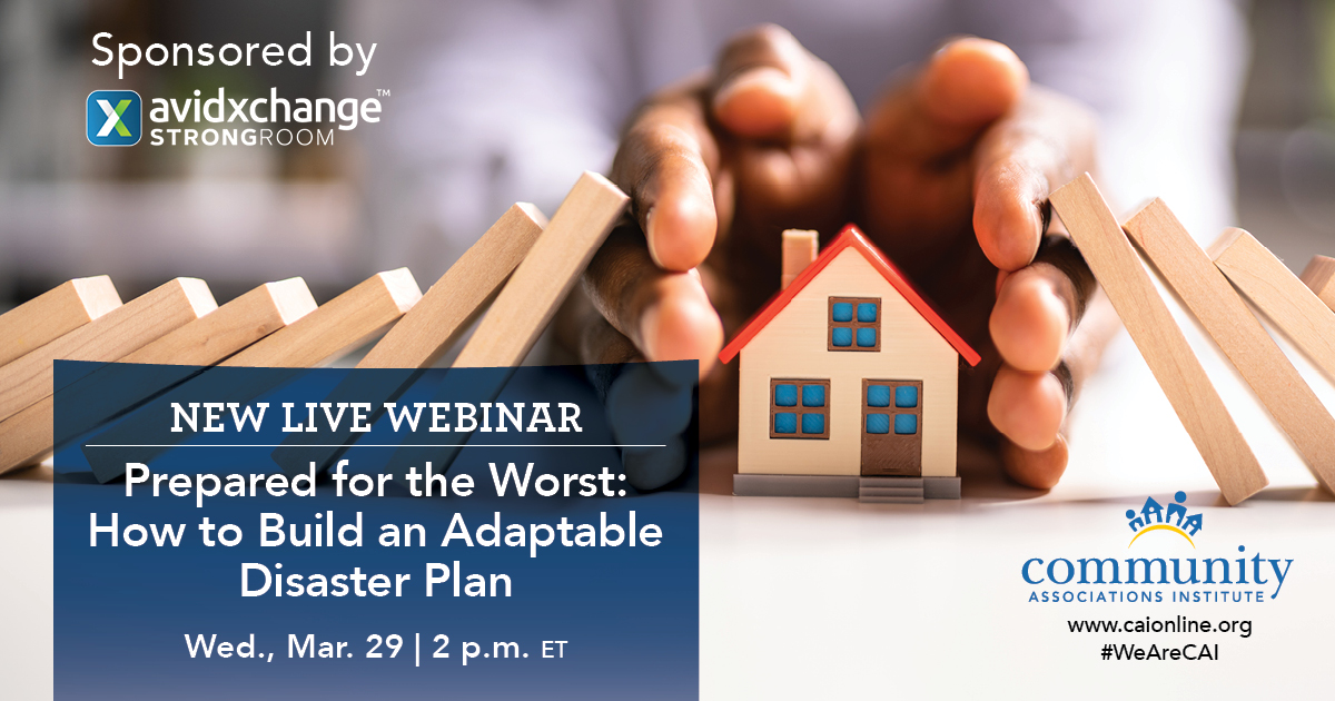 CAIsocial's tweet photo. Flood, hurricane, wildfire, or earthquake—planning and preparation are key! Tune in, take notes, and learn the 8 essential elements of modern disaster planning for your #HOA or #Condo: https://t.co/rCoWYuZplp #WeAreCAI #disasterplanning https://t.co/Wu3DgoFyNF