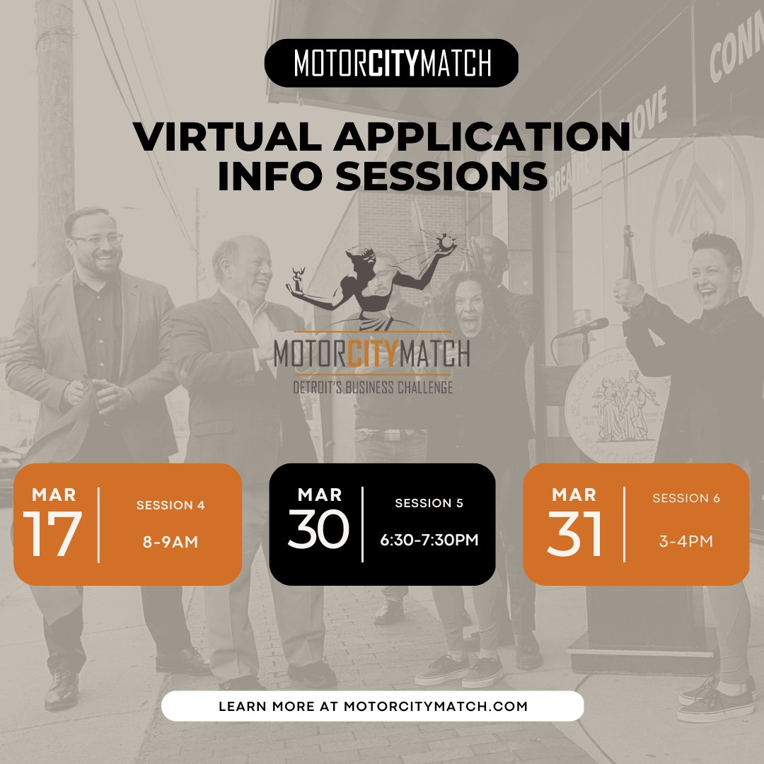 Join #MotorCityMatch tonight from 6:30-7:30 PM for a virtual info session regarding Round 23 applications &amp; program guidelines. After tonight, there are 3 remaining virtual sessions.

Register here 🔗 bit.ly/3ZQ1YWu