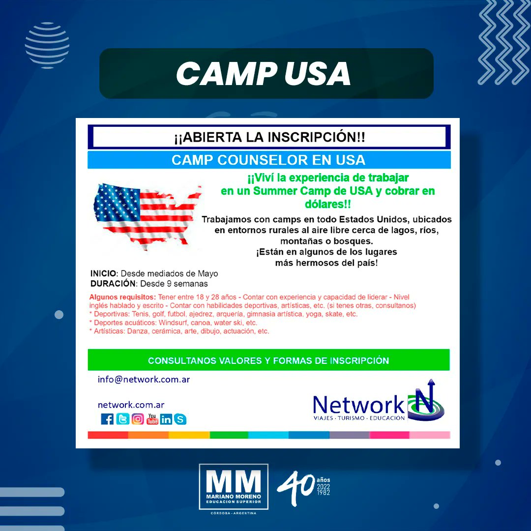 ✈️ 🇺🇸Network convoca a graduados de todas las carreras de la Fundación Universitaria Mariano Moreno, a trabajar en un Summer Camp de Estados Unidos como Camp Counselor. 

📲 Info 👉buff.ly/3Foh6lz   

#EmpleoMM 💫 #PracticasMM ✍🏼 #Estudiantes 📚 #Estudiantes✈️