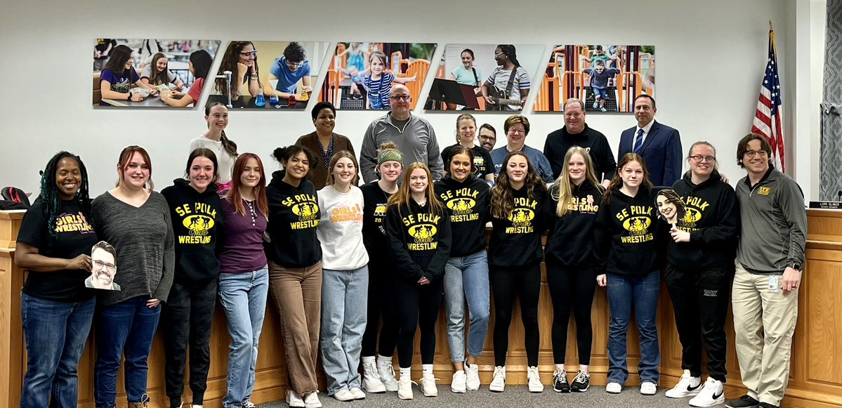 SEPSchools's tweet photo. The @SEPgirlswrestle team was recognized at the last Board meeting. Did you know that Skylar Slade is the 1st ever girl state wrestling champ for SEP? Congrats to all the girls who participated in the IGHSAU inaugural state wrestling tournament! #1SEP https://t.co/Vg1AY1UYh4