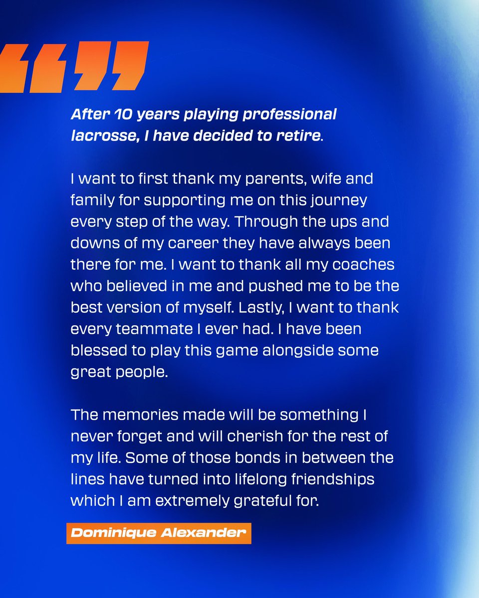 Thank you, 23! 👏🏹

After 10 years in professional lacrosse, Dominique Alexander has decided to retire.

Dom is a leader on and off the field, and we’re so lucky that he made his mark on our team and the entire sport. Congratulations on a remarkable career. Forever an Archer 🧡