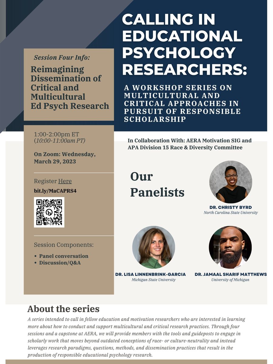 Christy M. Byrd (@christymbyrd) on Twitter photo Check me out for Session #4! <a href="/AERA_MotSIG/">AERA Motivation SIG</a> <a href="/APADivision15/">APA Division 15</a>
Reimagining Dissemination of Critical and Multicultural Ed Psych Research
March 29th at 1:00 PM ET
RSVP at ucdavis.zoom.us/meeting/regist… Check me out for Session #4! <a href="/AERA_MotSIG/">AERA Motivation SIG</a> <a href="/APADivision15/">APA Division 15</a>
Reimagining Dissemination of Critical and Multicultural Ed Psych Research
March 29th at 1:00 PM ET
RSVP at ucdavis.zoom.us/meeting/regist…