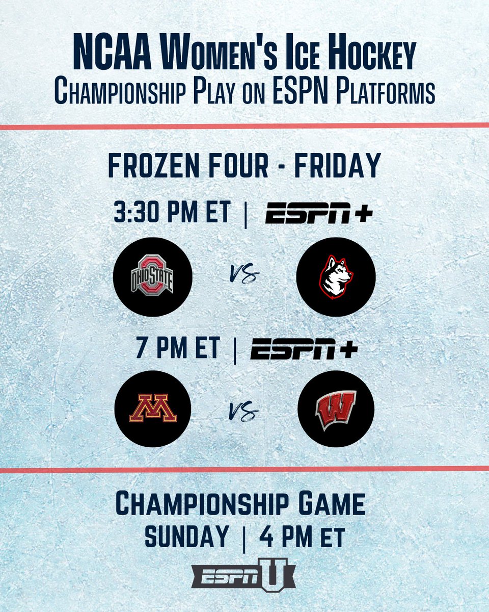 ESPNPR's tweet photo. Championship season is here!

Friday, the puck drops on the #WFrozenFour across ESPN platforms

@OhioStateWHKY vs @GoNUwhockey
🏒 3:30p ET | ESPN+

@GopherWHockey vs @BadgerWHockey
🏒 7p ET | ESPN+

Winners face off Sunday at 4p ET on ESPNU for the National Championship game 🏆 https://t.co/9R2JGZUPpI