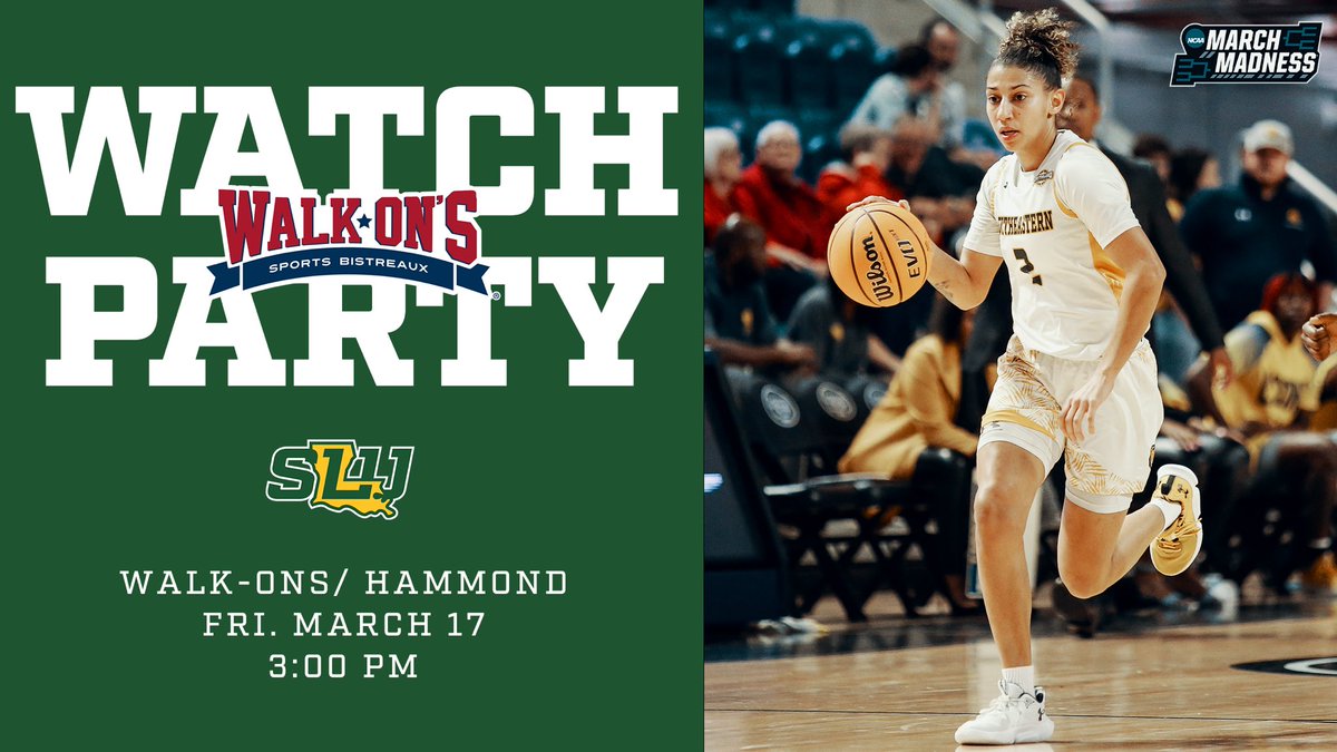 Hey Lion Fans, need a place to watch your Lady Lions in the BIG DANCE? 

Don’t worry we got you covered! Head on over to <a href="/walk_ons/">Walk-On's Sports Bistreaux</a> in Hammond for the official watch party. 

#LionUp X <a href="/LionUpWBB/">Southeastern Women's Basketball</a>