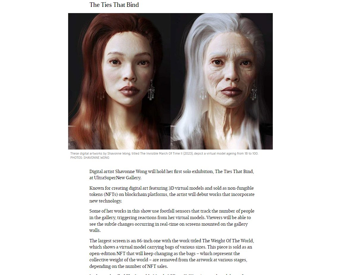 Yay! The Ties That Bind exhibition just got featured on The Straits Times! 😱
I can't even express how thrilled I am to debut these new works that incorporate some cutting-edge technology. Footfall sensors, virtual models reacting in real-time...it's going to blow your minds. ⁠