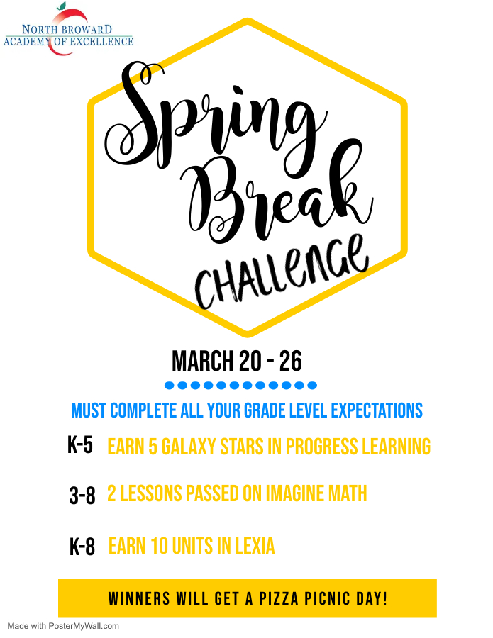 We'll be having a Spring Break Challenge March 20-26. See attached flyer for details.
#CSUSAproud #nbaebearfamily #nbaebears #nbaeproud