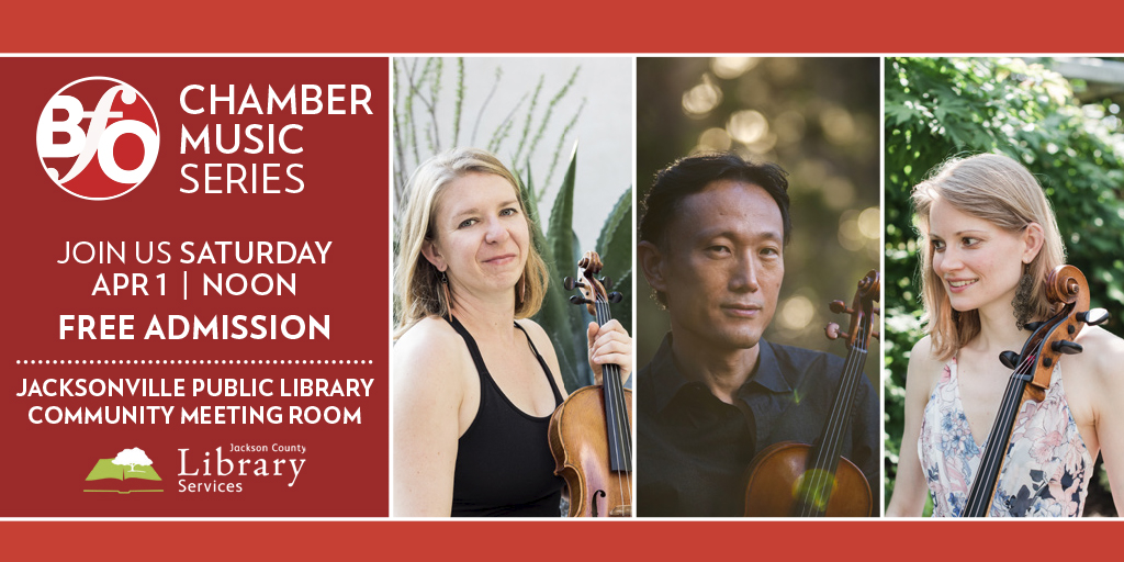 🎶 Next Saturday, join us for a FREE chamber music concert presented by the Britt Festival Orchestra featuring BFO Concertmaster Ignace Jang, Violin, Kayleigh Miller, Viola & Kirsten Jermé, Cello performing music of J.S. Bach, Schubert, Lanzilotti ... and More!