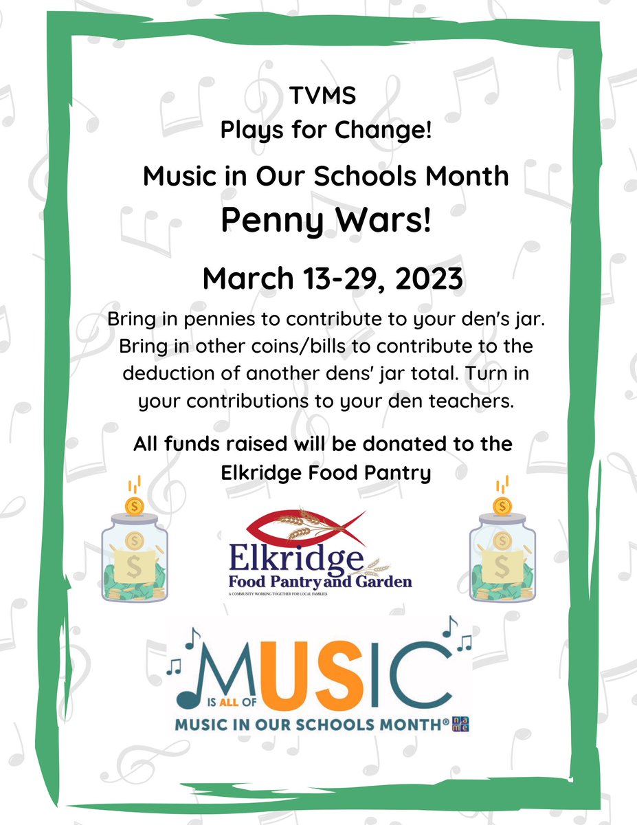 Penny Wars happening Tommy V
Bring in those pennies to support your Den or those big coins and dollars to win the war!
All funds will go to the Elkridge Food Pantry.