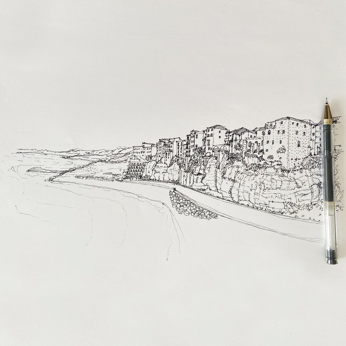 Panoramic view of Tropea's Rotonda Beach sketch.

#Tropea #RotondaBeach #Calabria #Italia #Art #Beach #PanoramicView #Sketch #UrbanSketch #SketchDaily #InkDrawing