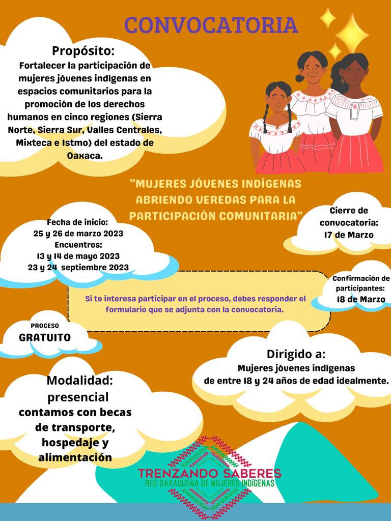 RSaberes's tweet photo. Seguimos con nuestra convocatoria. Dirigida a jóvenes indígenas de 18 a 24 años. Proceso gratuito con sede en la ciudad de Oaxaca. Aquí el link del registro https://t.co/YD8vnZt4G3. Si tienes dudas no dudes en escribirnos al correo: trenzandosaberes@gmail.con https://t.co/7uLm5hbBCl