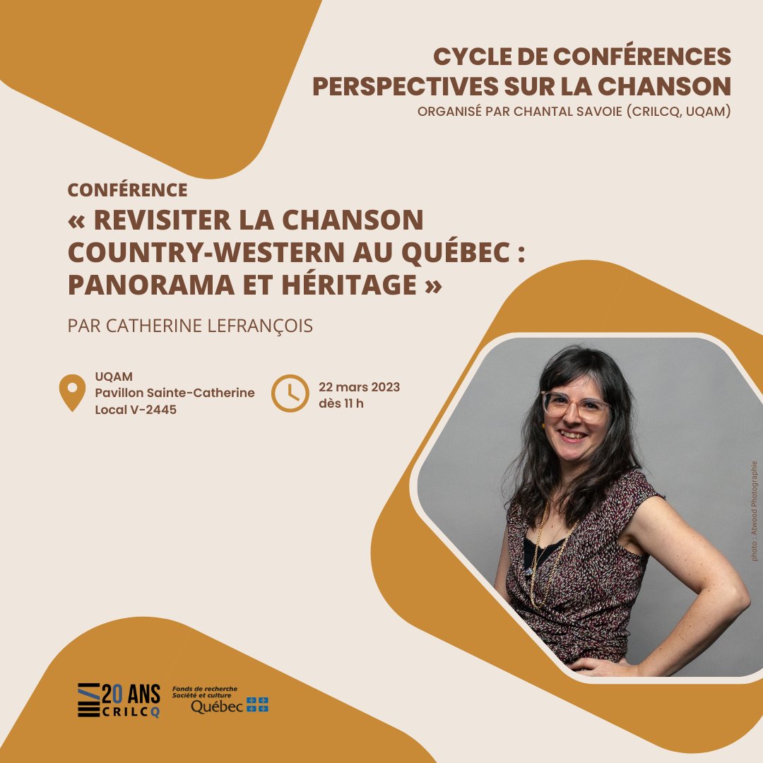 crilcq's tweet photo. ❗️[RAPPEL] Chantal Savoie (CRILCQ, UQAM) reçoit Catherine Lefrançois qui donnera la conférence « Revisiter la chanson country-western au Québec : panorama et héritage ».

📆 le 22 mars à 11h
📍 @UQAM

Détails👇
https://t.co/EOMyJ5FeFB

#communautéFRQ #musiqueQc #CultureQc https://t.co/aJBIBH5obC