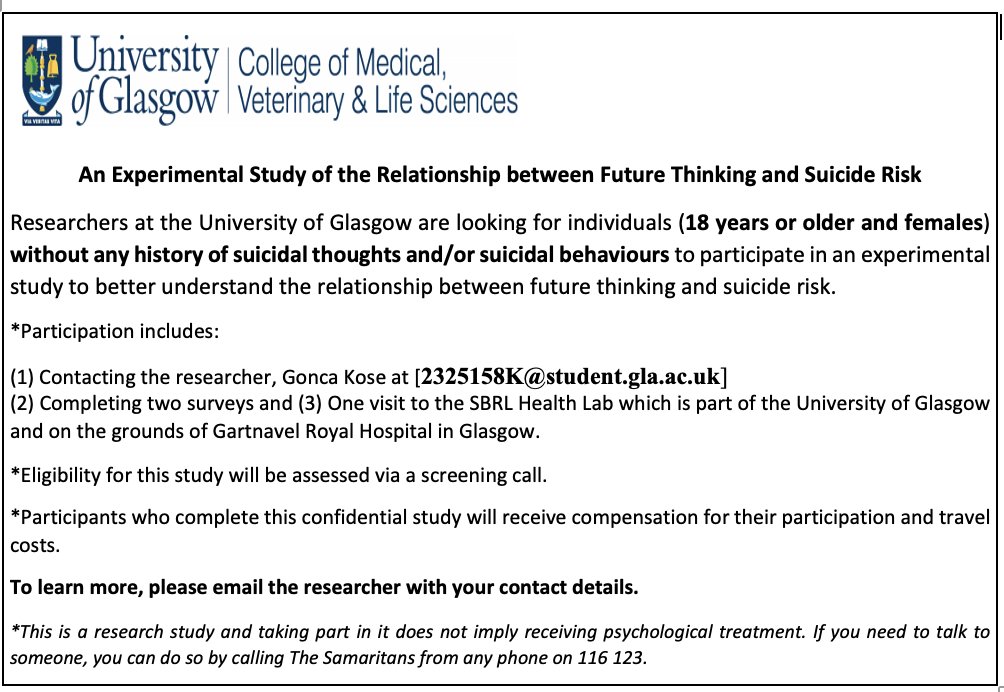Future Thinking & Suicide Risk (@thinkingstudy) on Twitter photo Are you interested in taking part in a research study about cognition and suicide?
This study is now open to female participants aged 18 years or older without any history of suicide.
To learn more, please email the researcher at 2325158K@student.gla.ac.uk Are you interested in taking part in a research study about cognition and suicide?
This study is now open to female participants aged 18 years or older without any history of suicide.
To learn more, please email the researcher at 2325158K@student.gla.ac.uk