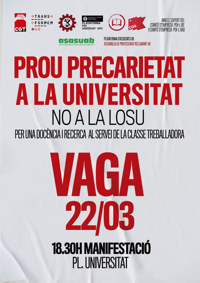 El 22 de març, VAGA!!
-per la regularització del professotat associat
-contra els acomiadaments
-contra la precarietat 
-contra la mercantilització de la universitat
-per una universitat pública i de qualitat
 #losuno  #VagaUniversitats22M
<a href="/estatalasocia2/">PDI Asociado Universidades Públicas</a> <a href="/PdiPrecariat/">PDI Precariat</a>