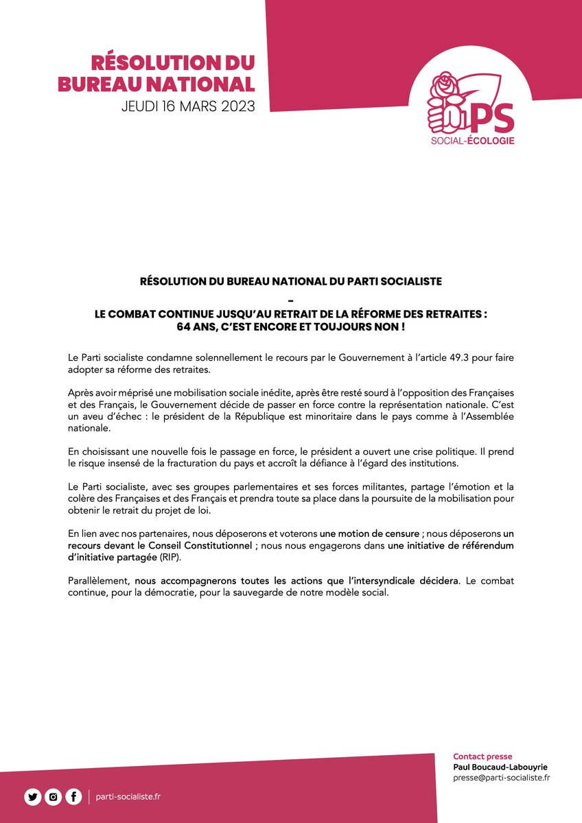 partisocialiste's tweet photo. 🔴 Résolution du Bureau national du Parti socialiste

Le combat continue jusqu'au retrait de la #RéformeDesRetraites : 64 ans, c'est encore et toujours non !

➡️ https://t.co/yOPXf8nIvm https://t.co/aRFZmsmN9R