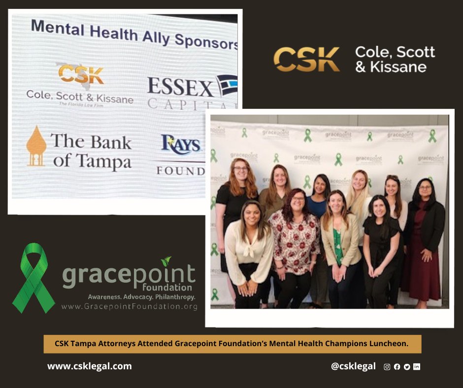 CSKLegal's tweet photo. CSK Tampa attorneys attended @GracepointInc Foundation’s Mental Health Champions Luncheon.
CSK was a proud sponsor of the event.
#GracepointFoundation #FloridaLargestDefenseFirm #FloridaLawFirm #LargestFloridaLawFirm #FloridaInsuranceDefense https://t.co/IdzbG8P2Xh